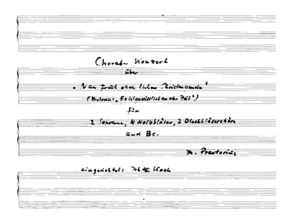 Choral-Konzert über "Nun freut euch lieben Christengmein" (Melodie: "Es ist gewisslich an der Zeit") für 2 Sopran, 4 Holzbläser, 2 Blechbläserchöre und Bc. - M. Praetorius