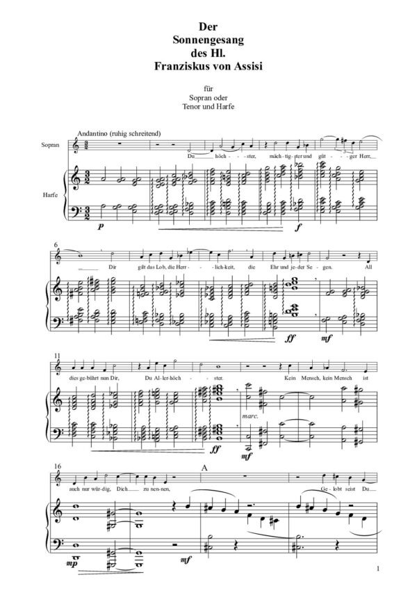 Der Sonnengesang des Hl. Franziskus von Assisi für Sopran oder Tenor und Harfe