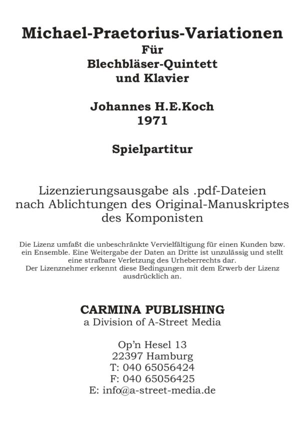 Michael Praetorius-Variationen für Blechbläser-Quintett und Klavier