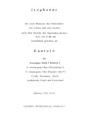 Stephanus - der erste Märtyrer der Christenheit - sein Lehren und sein Sterben nach dem Bericht der Apostelgeschichte: 6, 8-14, 7, 48-60 musikalisch gestaltet als Kantate für Vorsänger (Bass/Bariton), 2-stimm. gem. Chor ("Erzählchor"), 4-stimm. gem. Chor ("großer Chor"), 2 Solo-Posaunen, Harfe, begleitende Orgel und Kontrabass